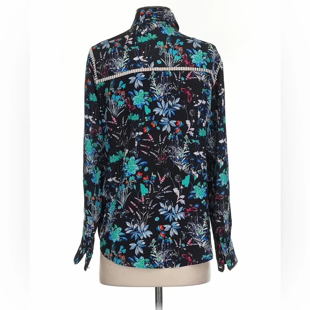 The Kooples Silk Black Floral Blouse with Teal, Blue & Pink Accents